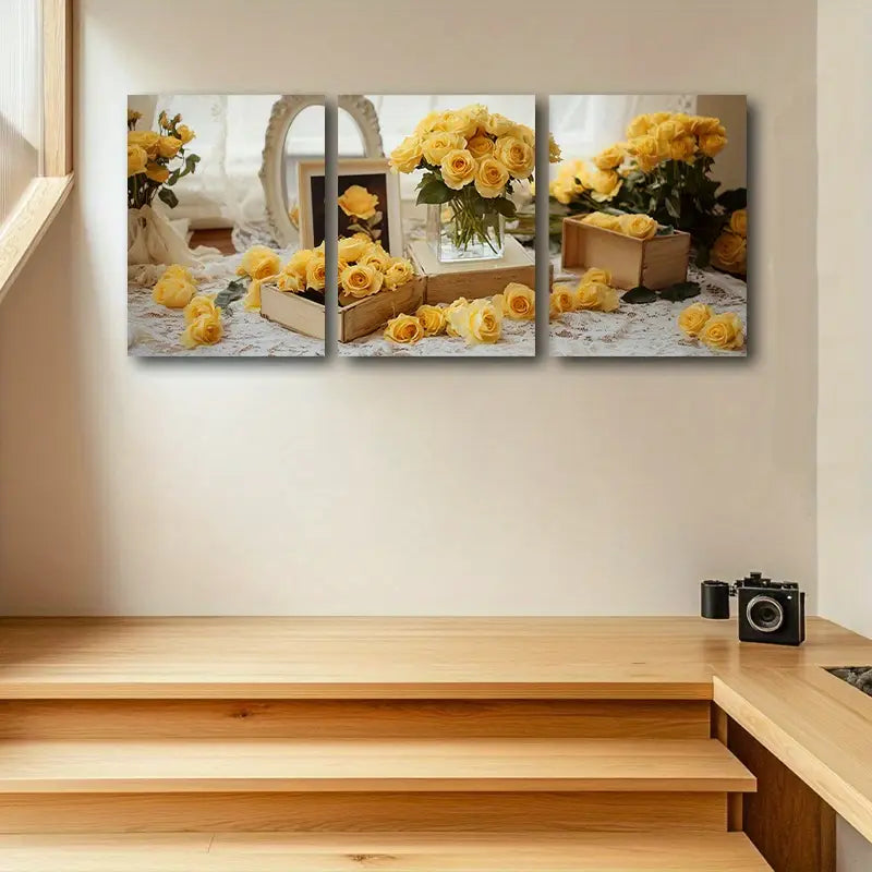 3pcs A Yellow Rose Metal Print Ready to Hang Art - Bella Home Decor