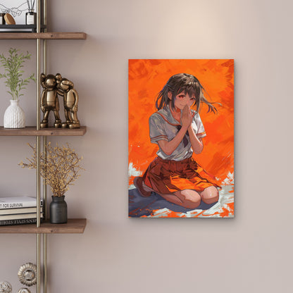 An Anime Girl In An Orange World Metal Print Ready to Hang