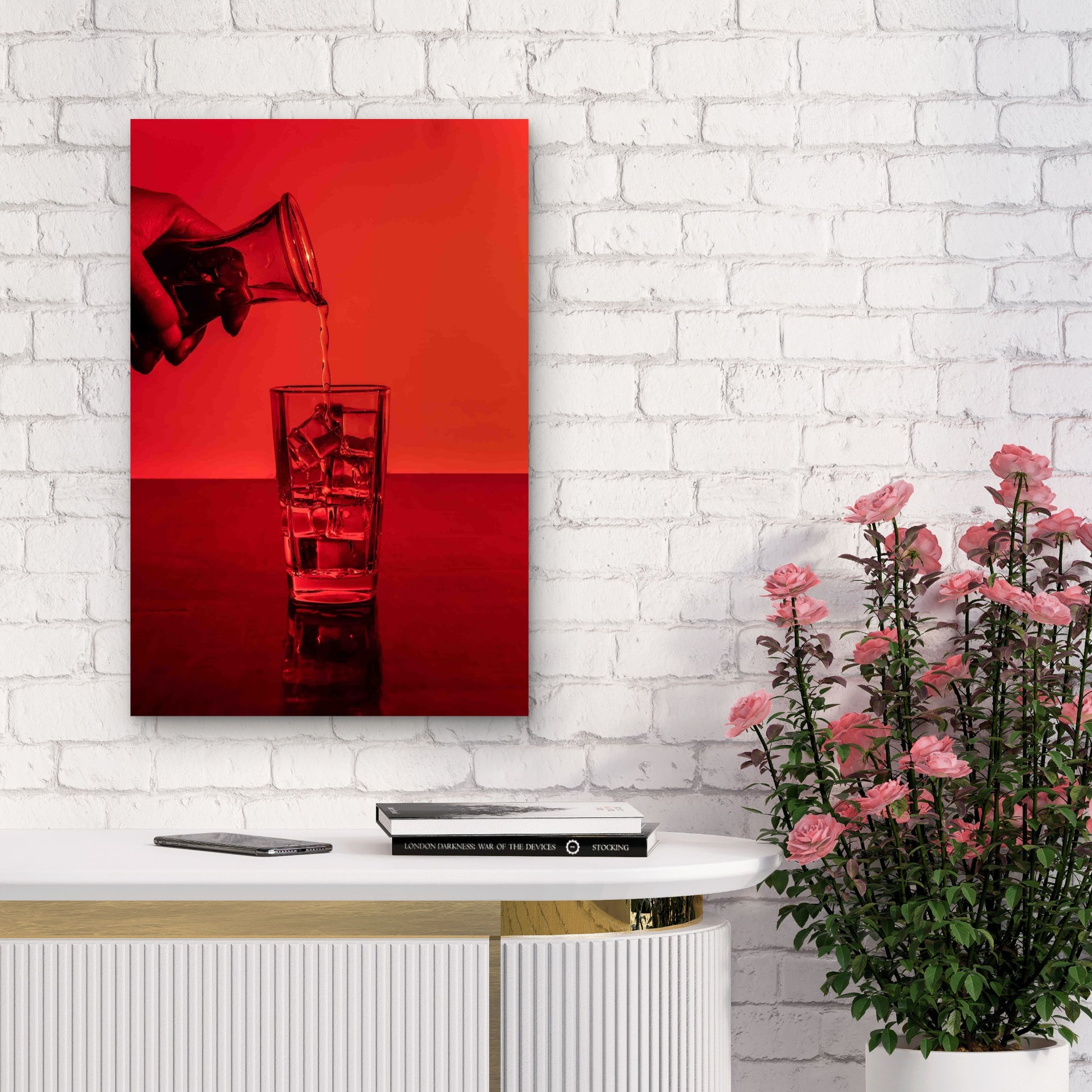 Pouring Alcohol Glass Full Ice Cubes 60x90cm Metal Print Ready to Hang