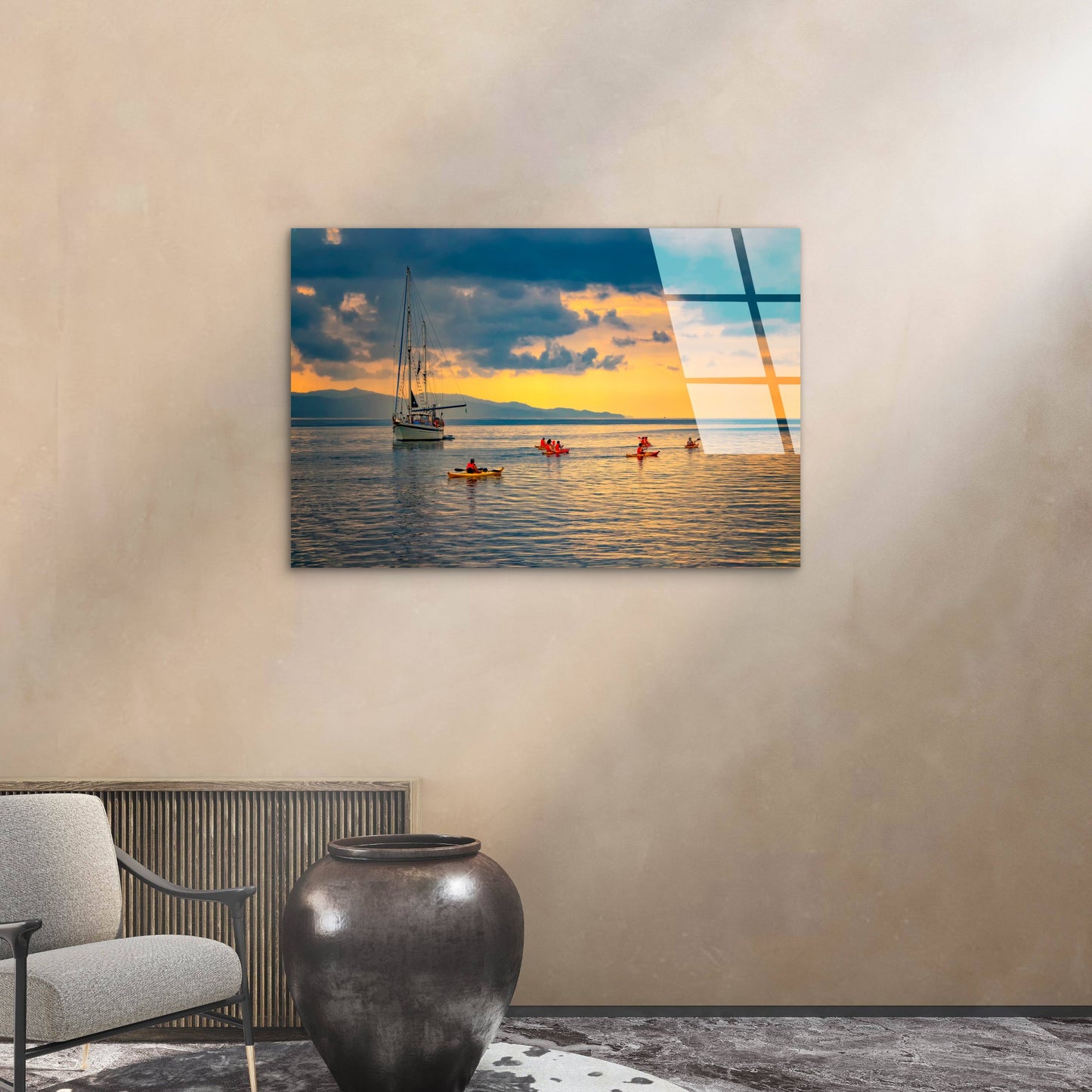 Sunset Ocean Kayak Sailboat Acrylic Glass Printing Wall Art Australian Made Quality
