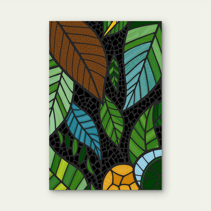 Leaf Mosaic in Stained-Glass Style 40x60cm Metal Print Ready to Hang