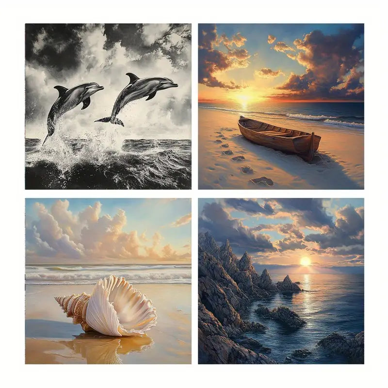 4pcs Ocean Poster, Black And White Wall Art Canvas Framed