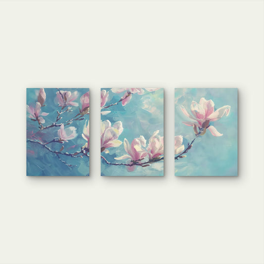 3pcs Pink Magnolias on Blue Background  Wall Art Set Canvas Framed 40x60cm - High Quality Print 100% Australian Made Wall Canvas Ready to Hang