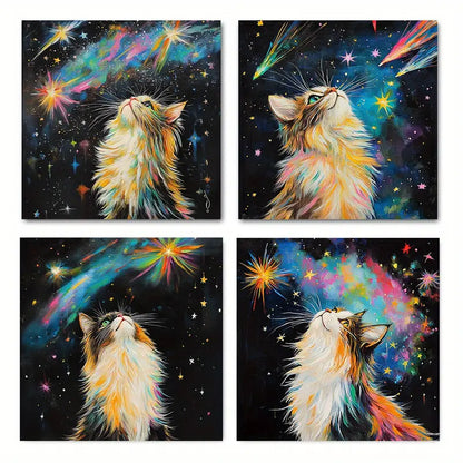 4pcs Colorful cute style cat  theme  DF Wall Art Canvas Framed