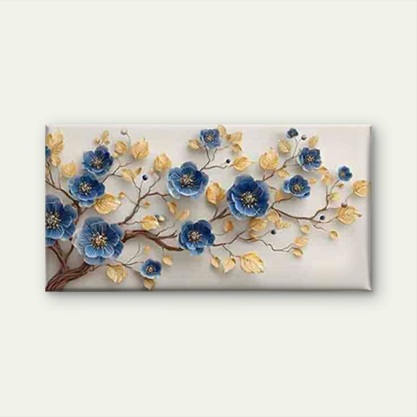 Blue Flower And Golden Leaf Wall Art Canvas Office Home Room Framed 120x60cm - Bella Home Decor