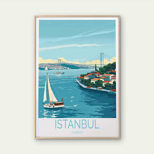 Istanbul Turkey, Sail Boats & Bridge Art Travel Poster Print Wall Art - Bella Home Decor