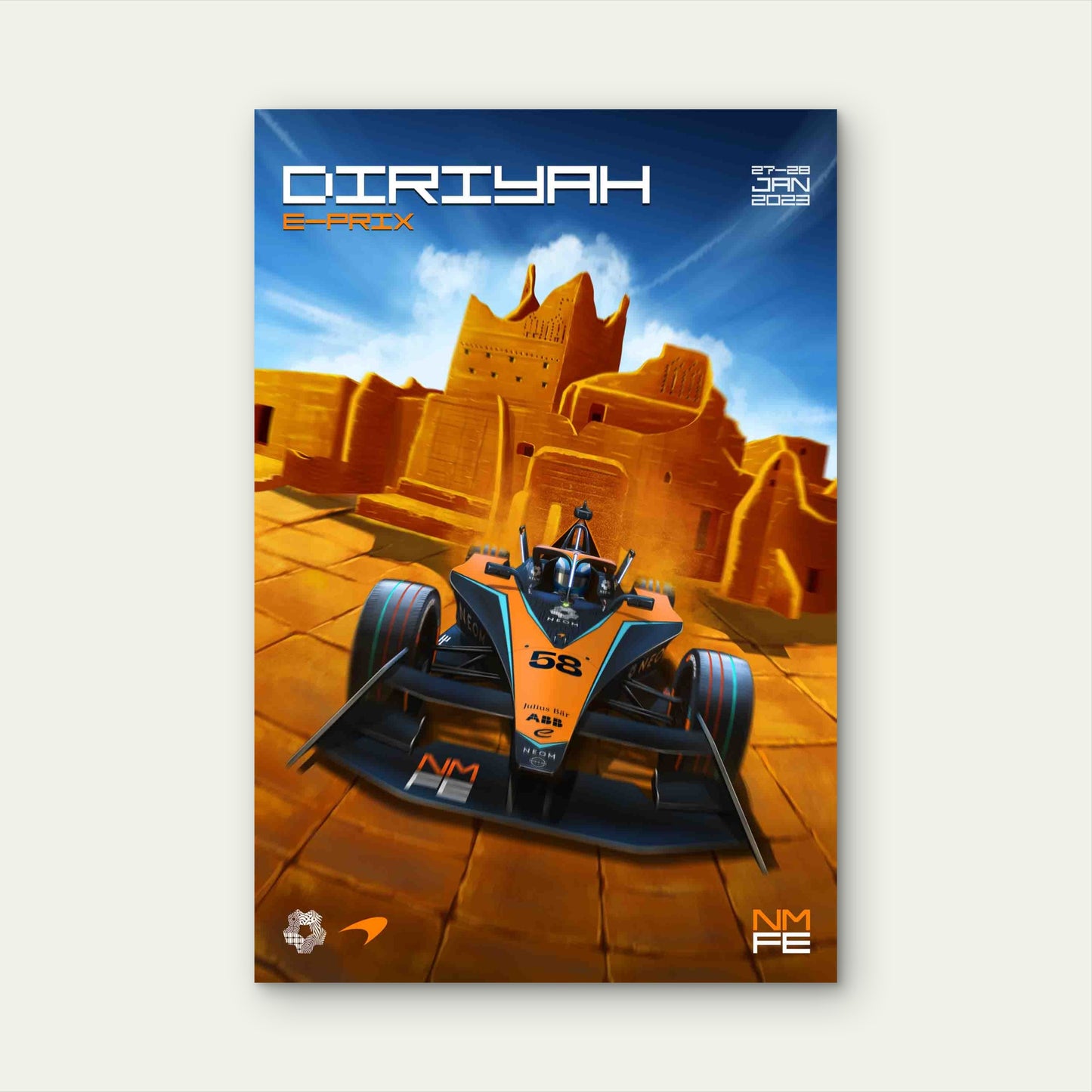 Orange Electric Racing Car Desert Fort 60x90cm Metal Print Ready to Hang