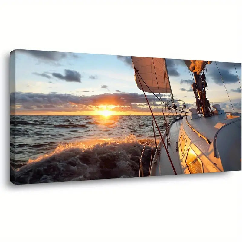Epic Seascape Sailboat Deck Mast & Sails Sunset Wall Art canvas office home room framed 120x60cm - Bella Home Decor