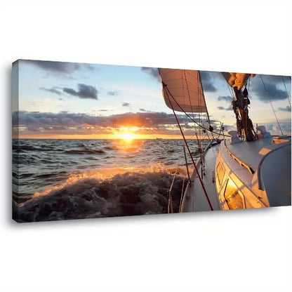 Epic Seascape Sailboat Deck Mast & Sails Sunset Wall Art canvas office home room framed 120x60cm - Bella Home Decor