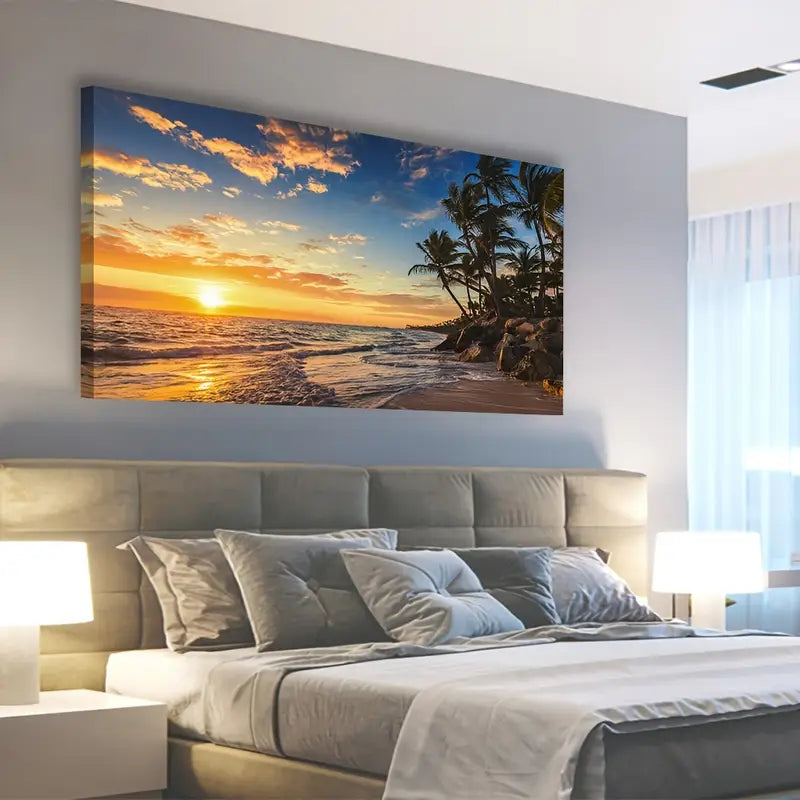 Tropical Sunset Beach Palm Trees Ocean Waves & Sandy Wall Art canvas office home room framed 120x60cm - Bella Home Decor