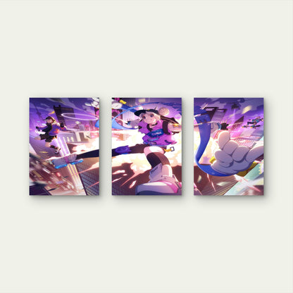 3pcs Roller Skates Cyberpunk Neon City Skyline Metal Print Ready to Hang Art