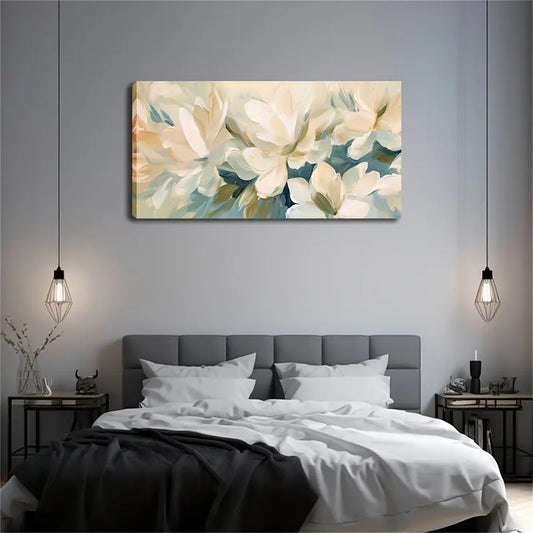 Abstract Floral White Minimalist Wall Art Canvas Office Home Room Framed 120x60cm
