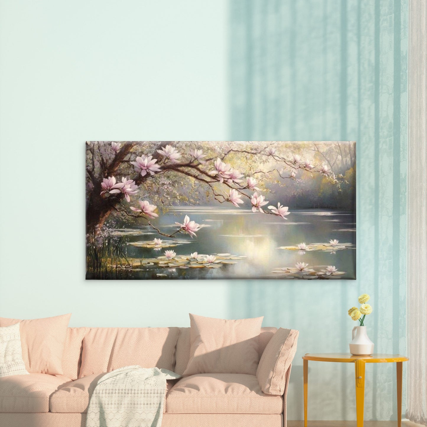 Blossoms Over Serene Lake Wall Art Canvas Office Home Room Framed 120x60cm - Bella Home Decor