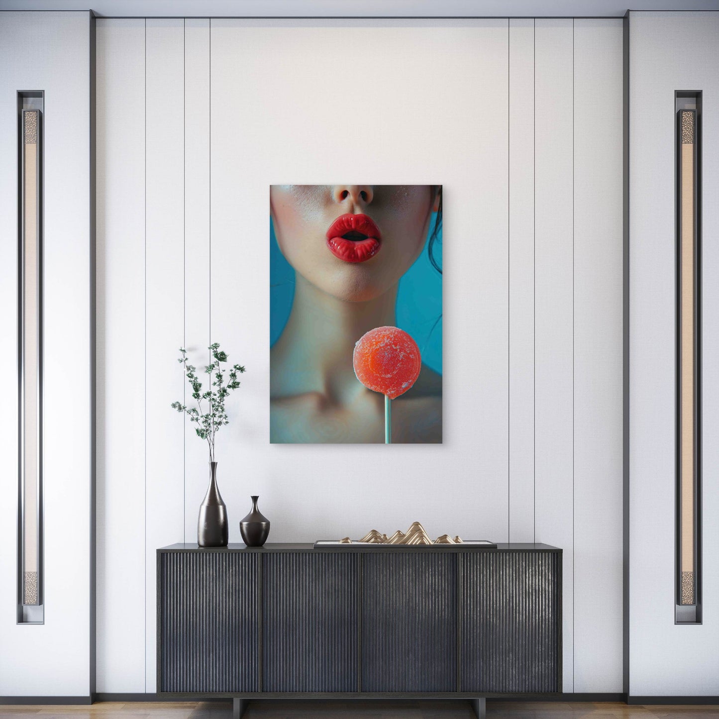 Woman With Red Lips Holding Lollipop Metal Print Ready to Hang