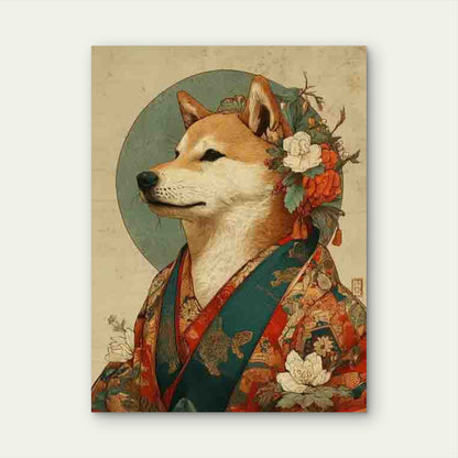 Shiba Inu Illustrated in Japanese Art Metal Print Ready to Hang