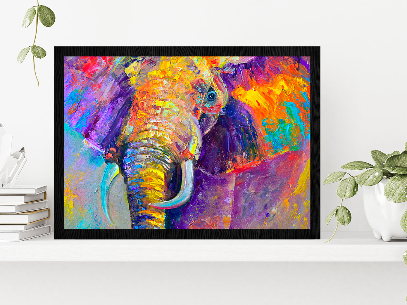 Colorful Elephant Painting Glass Framed Wall Art, Ready to Hang Quality Print Without White Border Black