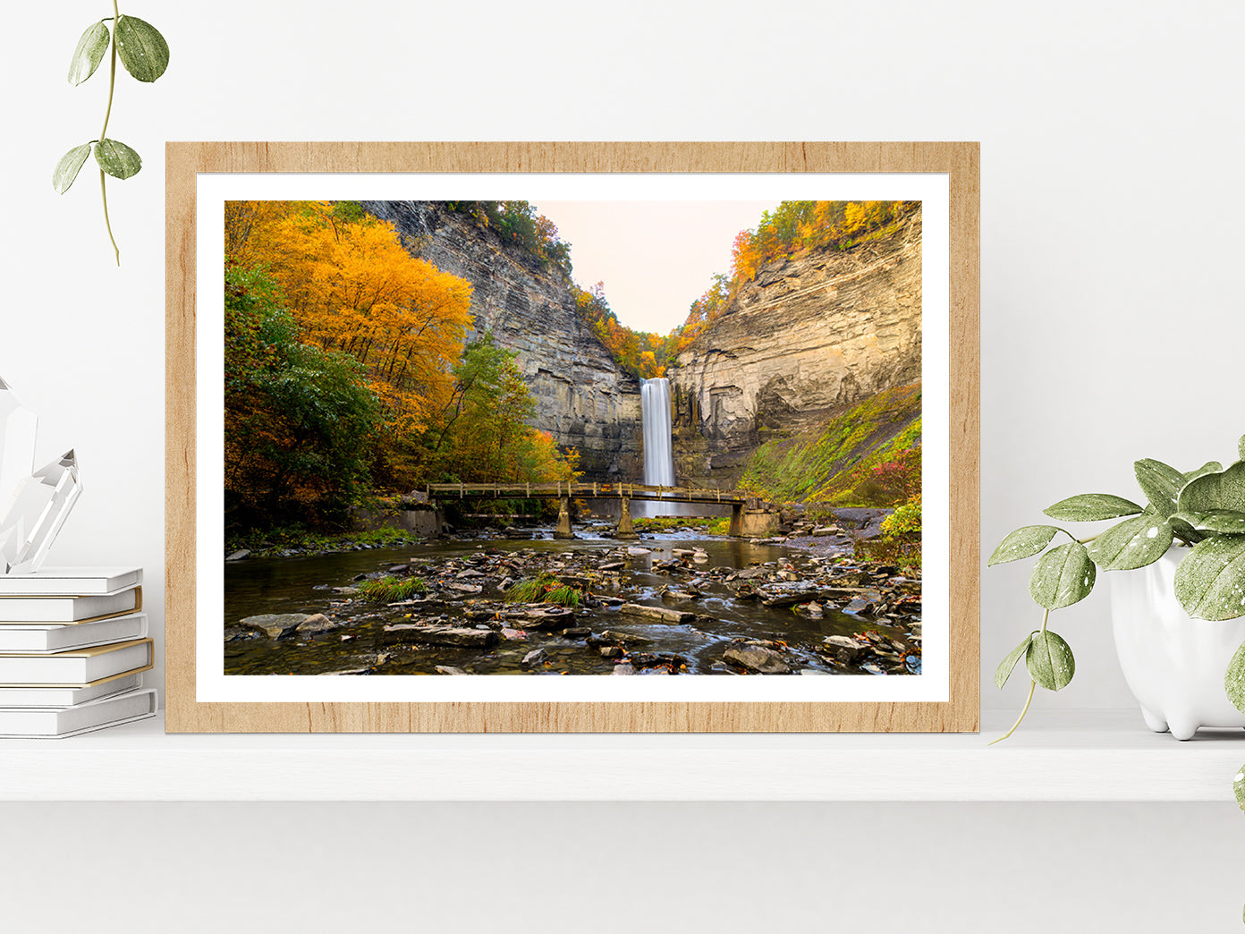 Taughannock Falls State Park Glass Framed Wall Art, Ready to Hang Quality Print With White Border Oak