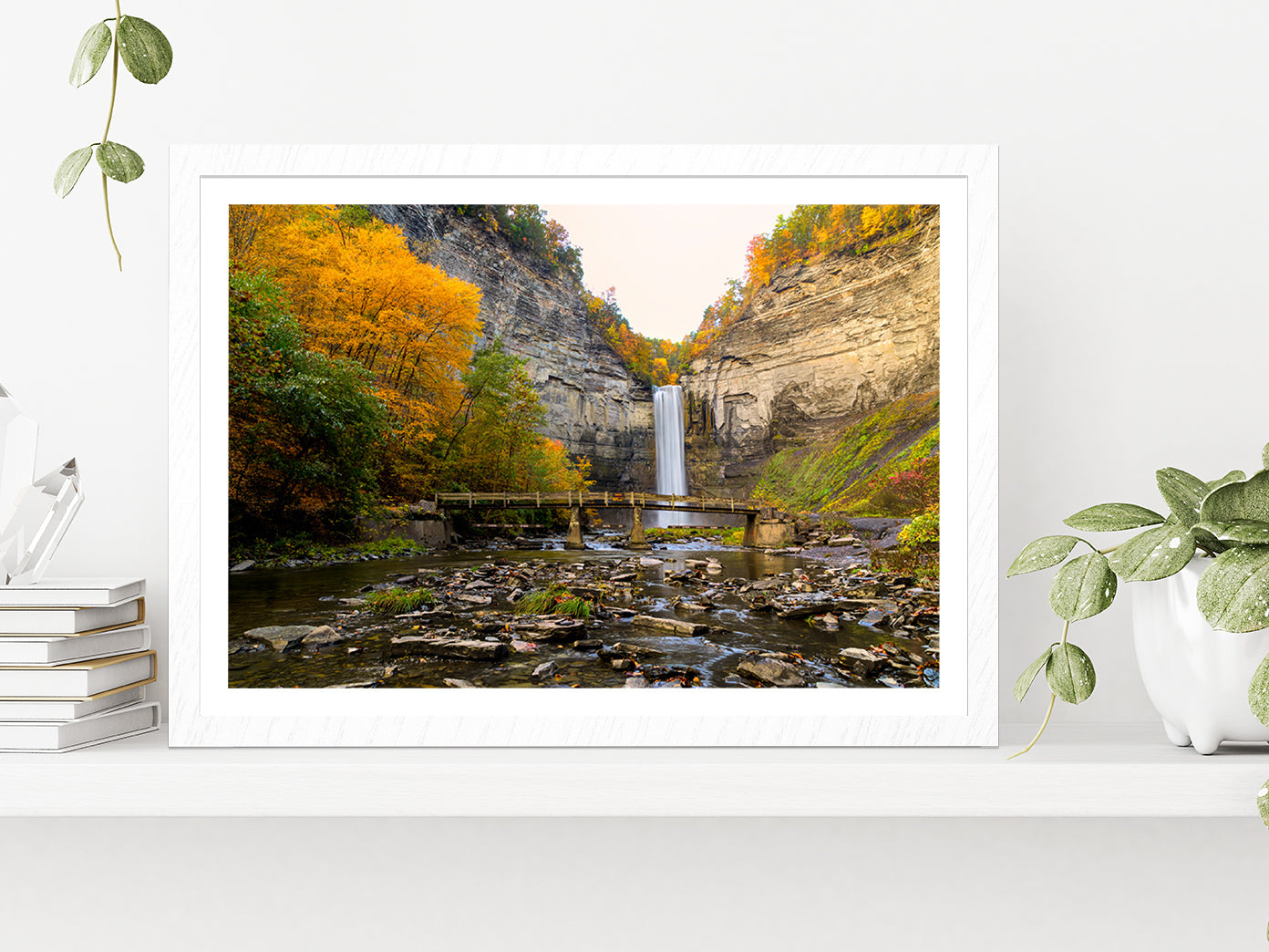 Taughannock Falls State Park Glass Framed Wall Art, Ready to Hang Quality Print With White Border White