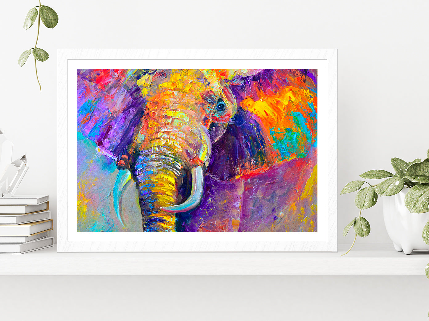 Colorful Elephant Painting Glass Framed Wall Art, Ready to Hang Quality Print With White Border White