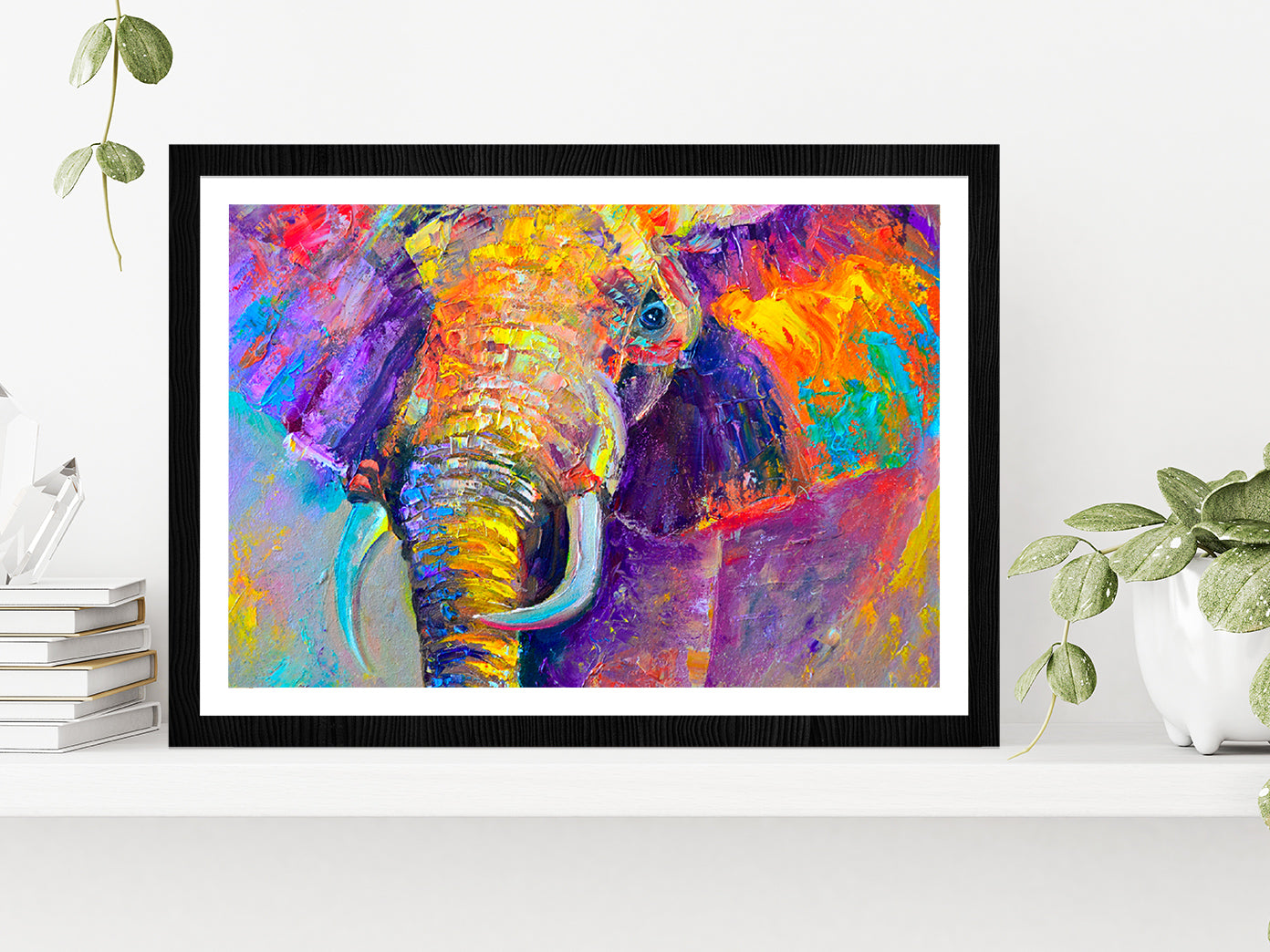 Colorful Elephant Painting Glass Framed Wall Art, Ready to Hang Quality Print With White Border Black