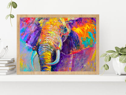 Colorful Elephant Painting Glass Framed Wall Art, Ready to Hang Quality Print Without White Border Oak