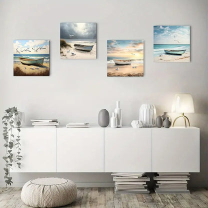 4pcs Serene Beach & Boat Scenes With Seagull Wall Art Canvas Framed