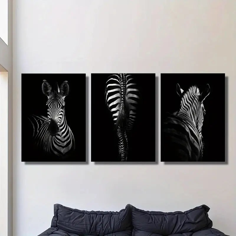 3pcs Zebra Art On Dark Background Metal Print Ready to Hang Art