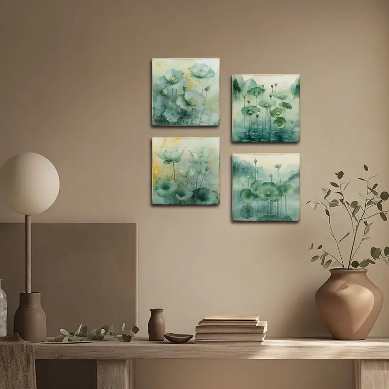 4pcs Lotus Green Leaves Wall Art Canvas Framed - Bella Home Decor