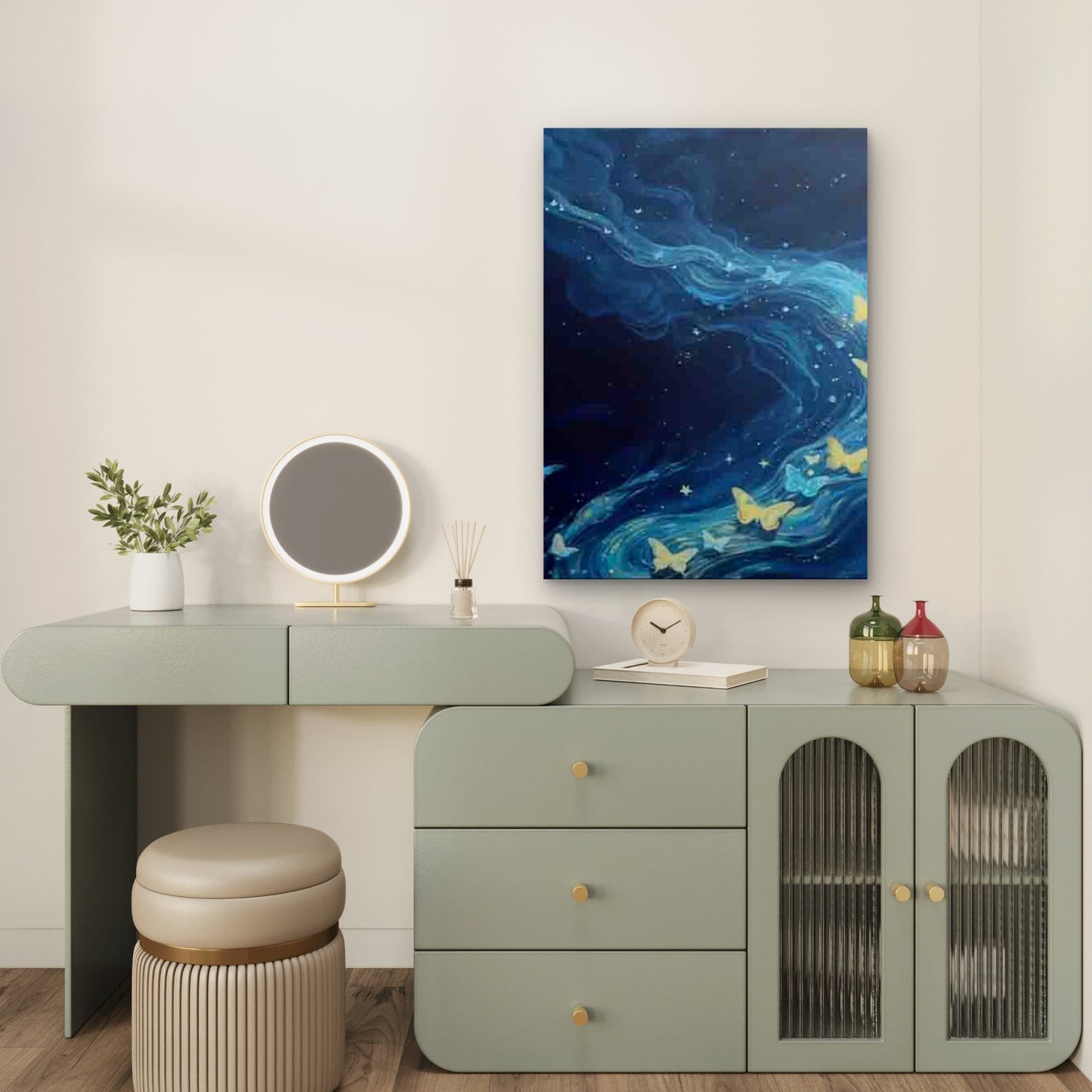 Blue Wave with Butterflies and Stars Metal Print Ready to Hang - Bella Home Decor