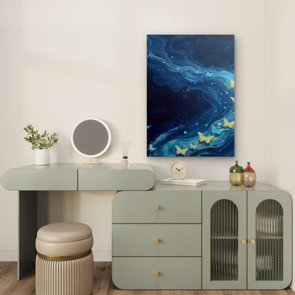 Blue Wave with Butterflies and Stars Metal Print Ready to Hang - Bella Home Decor