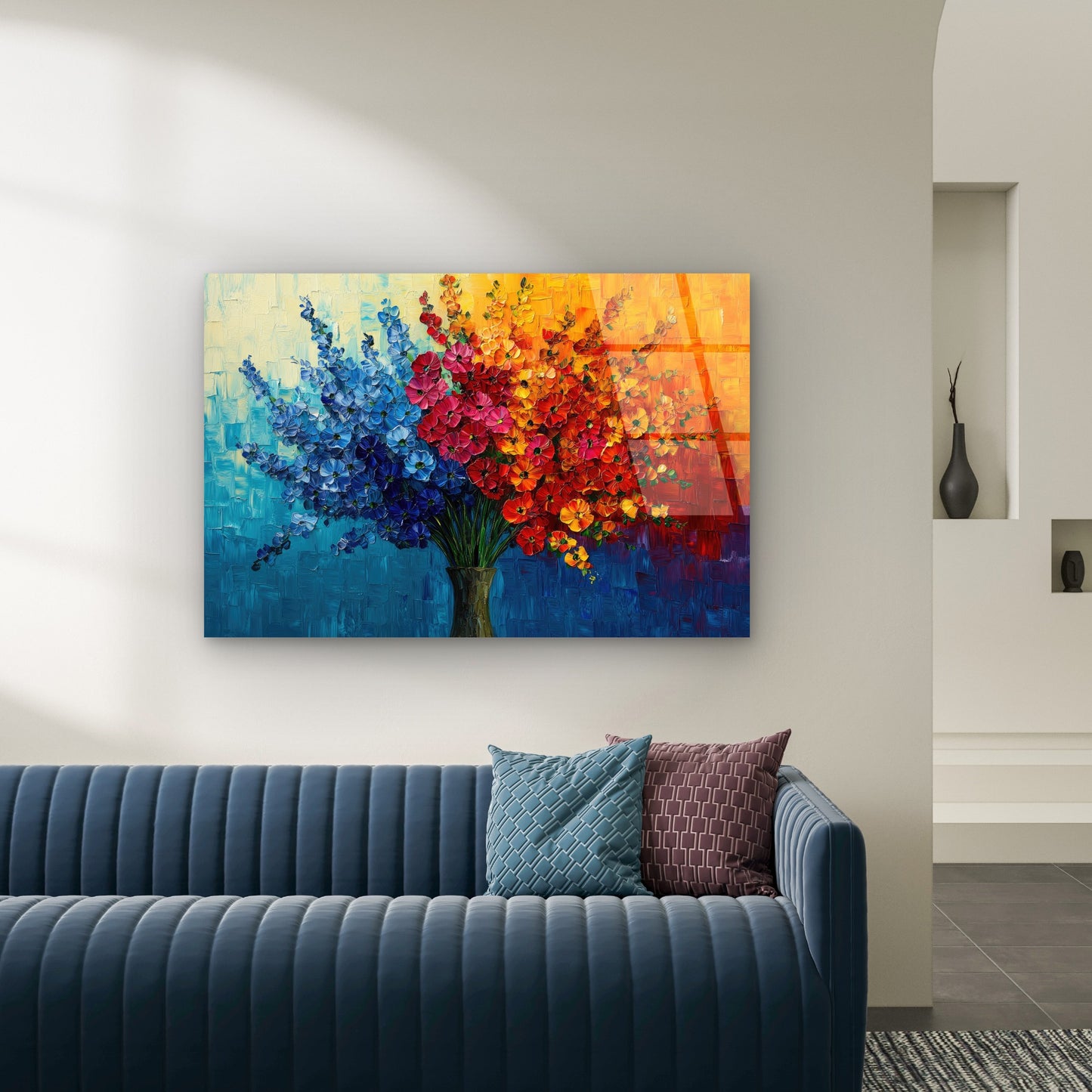 Vibrant Blue Red Orange Flower Vase Acrylic Glass Printing Wall Art Australian Made Quality