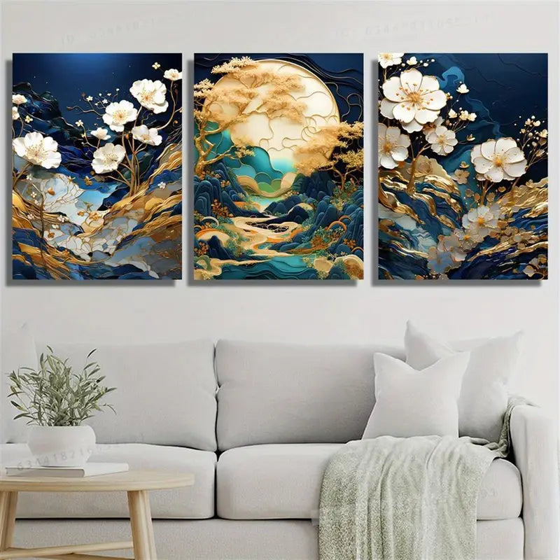 3pcs Golden Botanical Floral Japanese Kintsugi Metal Print Ready to Hang Art - Bella Home Decor