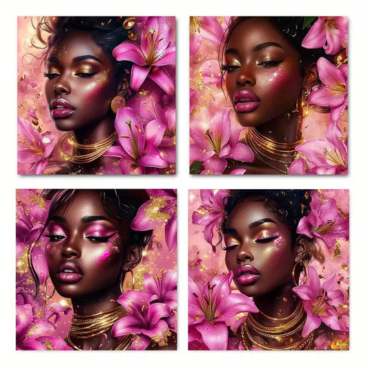 4pcsGolden Circle Flower Woman  Wall Art Canvas Framed