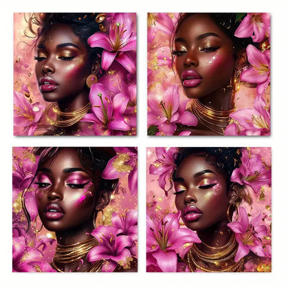 4pcs Golden Circle Flower Woman Wall Art Canvas Framed