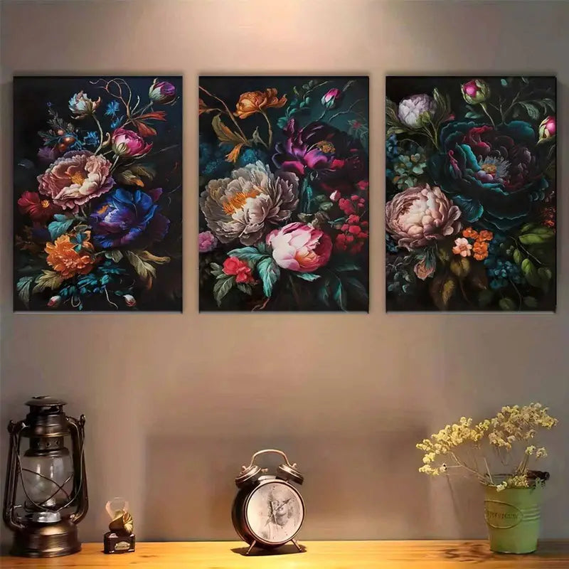 3pcs Dark Green & Multicolor Large Peony Panels Metal Print Ready to Hang Art - Bella Home Decor