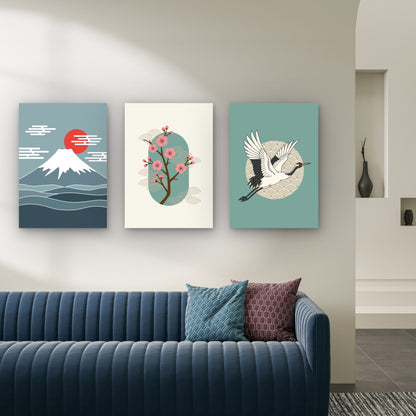 3pcs Japanese Mount Fuji Crane Asian Retro  Wall Art Set Canvas Framed 60x90cm - High Quality Print 100% Australian Made Wall Canvas Ready to Hang