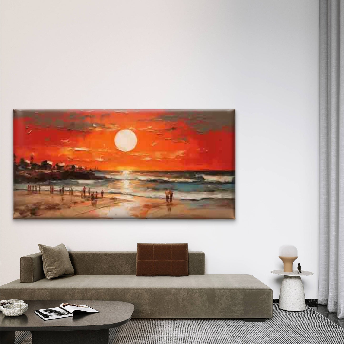 Sunset Beach Scene with Ocean Wall Art Canvas Office Home Room Framed 120x60cm