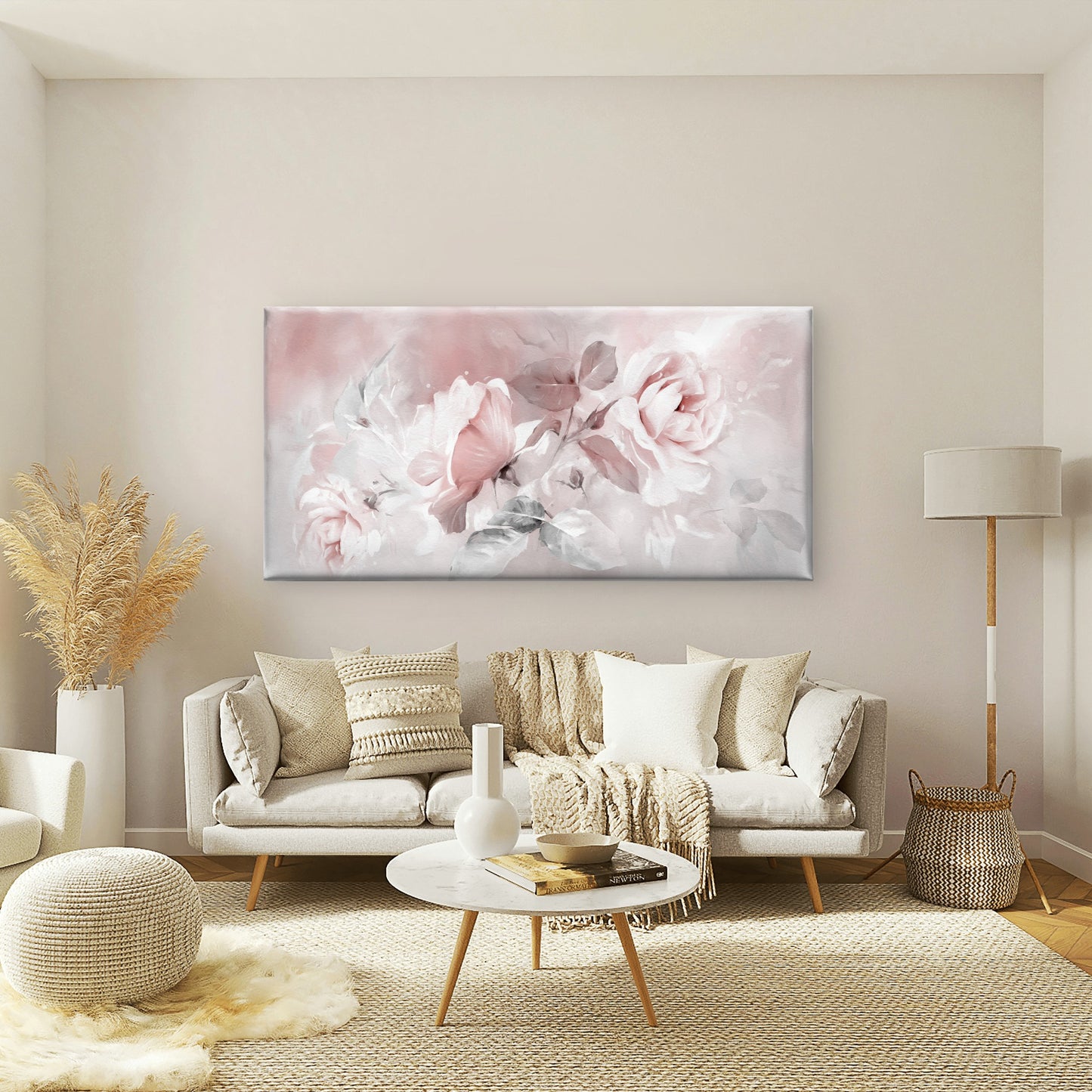 Pink Rose Floral Soft Bunch Wall Art Canvas Office Home Room Framed 120x60cm