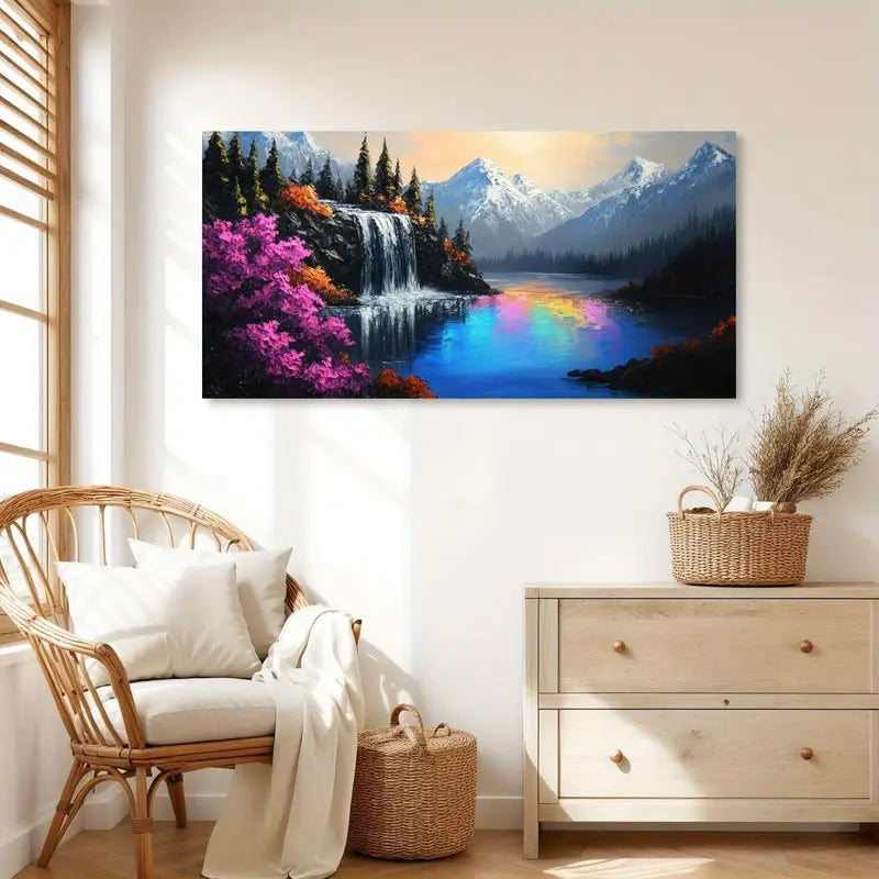 Waterfall Lake Snow-Capped Mountains & Forest Wall Art canvas office home room framed 120x60cm - Bella Home Decor