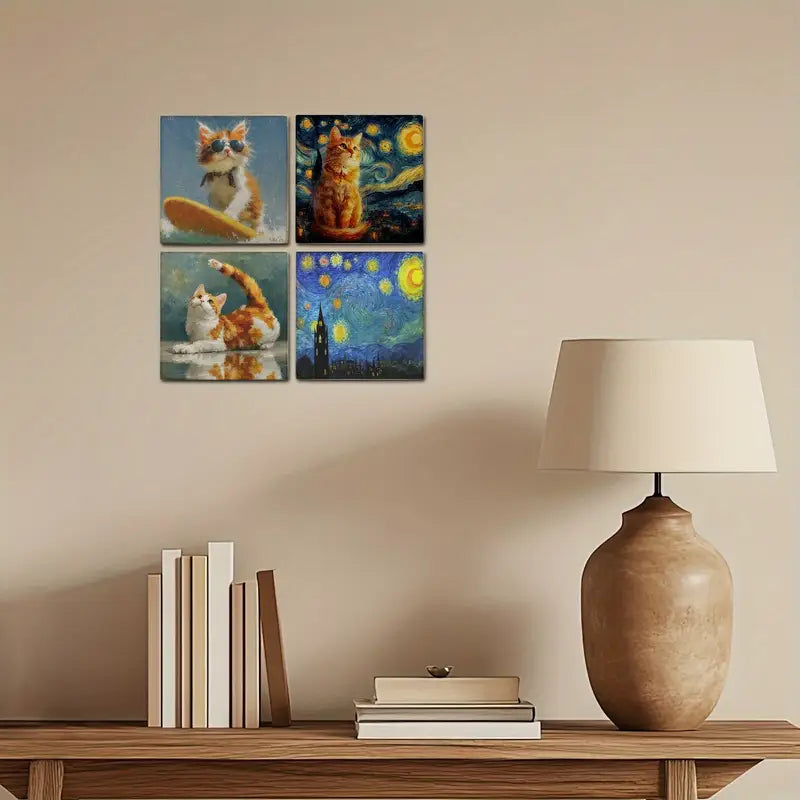 4pcs Starry Night, Surfing Cat Wall Art Canvas Framed