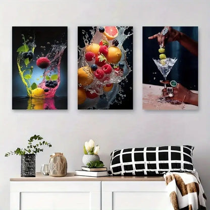 3pcs Vibrant Fruit Splash & Martini Glass Canvas Metal Print Ready to Hang Art