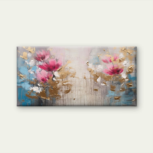 Pink Floral Gold Painting Wall Art Canvas Office Home Room Framed 120x60cm