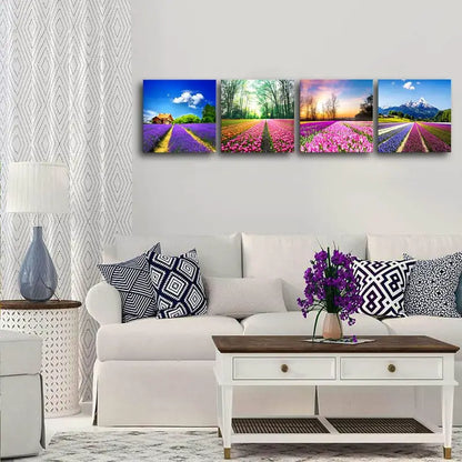 4pcs Vibrant Tulip Fields & Mountain Scenery Wall Art Canvas Framed