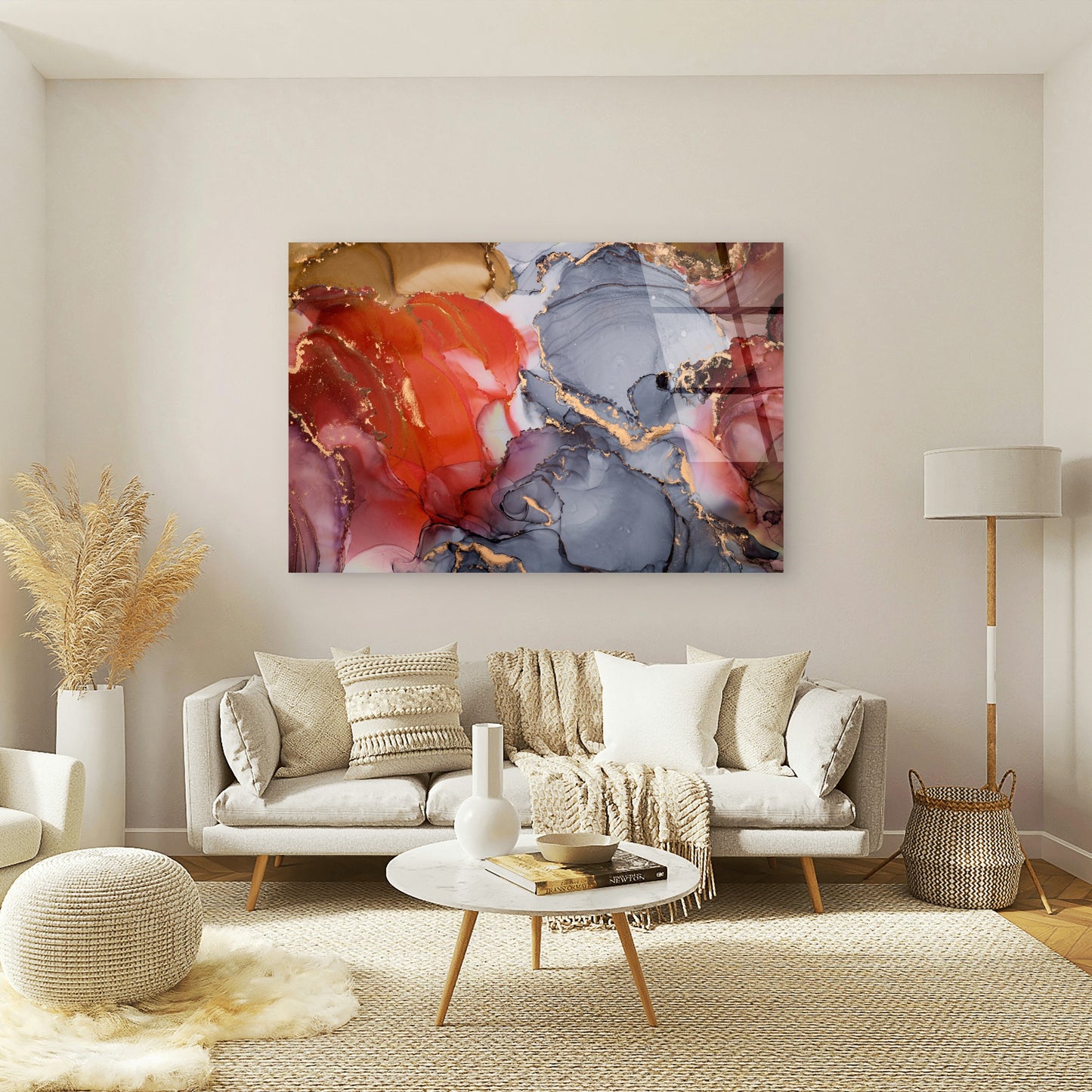 Abstract Orange Grey Gold Ink Art Glass Printing Wall Art Australian Made