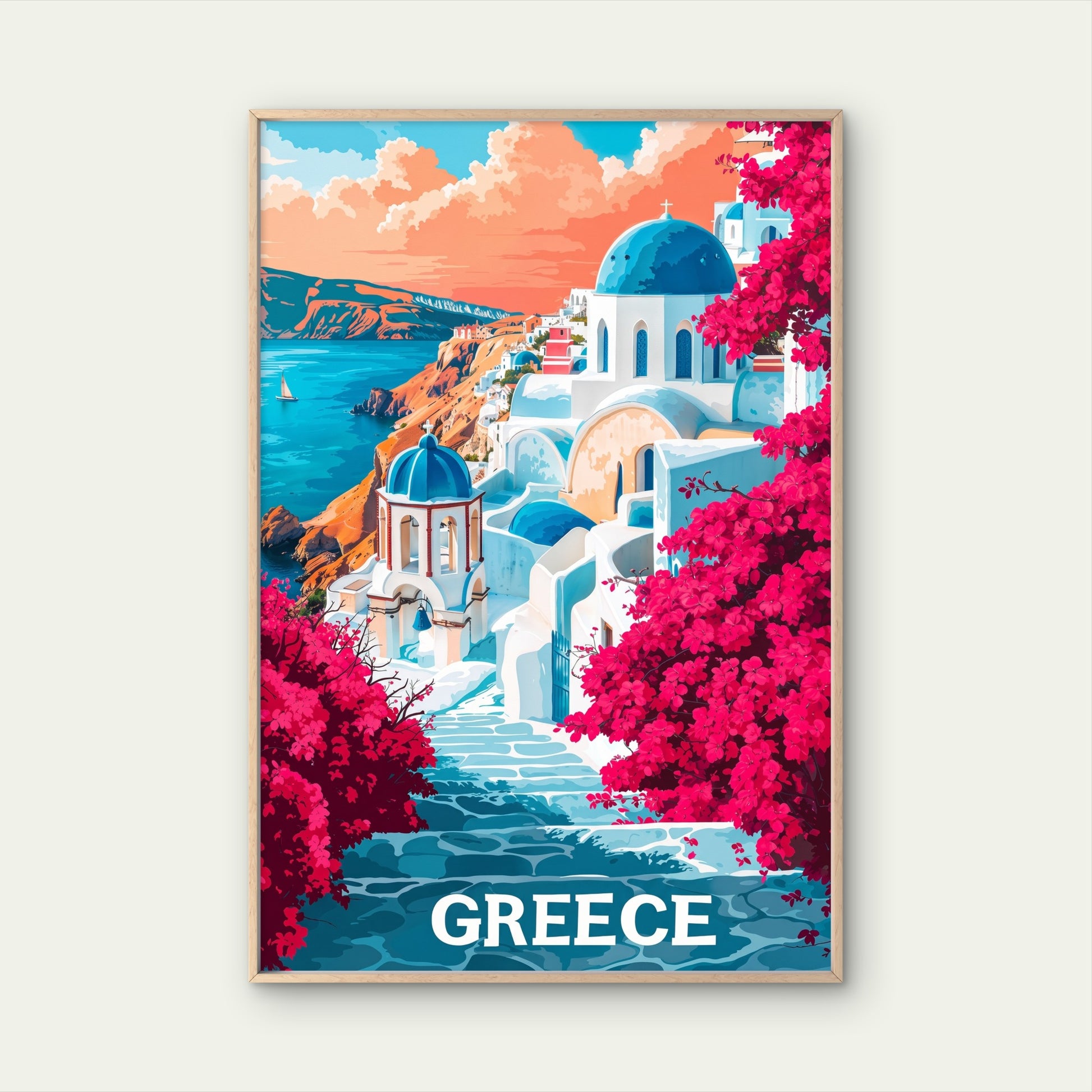 Santorini Greece Sun Drenched Steps To Paradise Travel Poster Print Wall Art