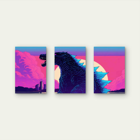 3pcs Giant Kaiju Monster City Sunset Metal Print Ready to Hang Art