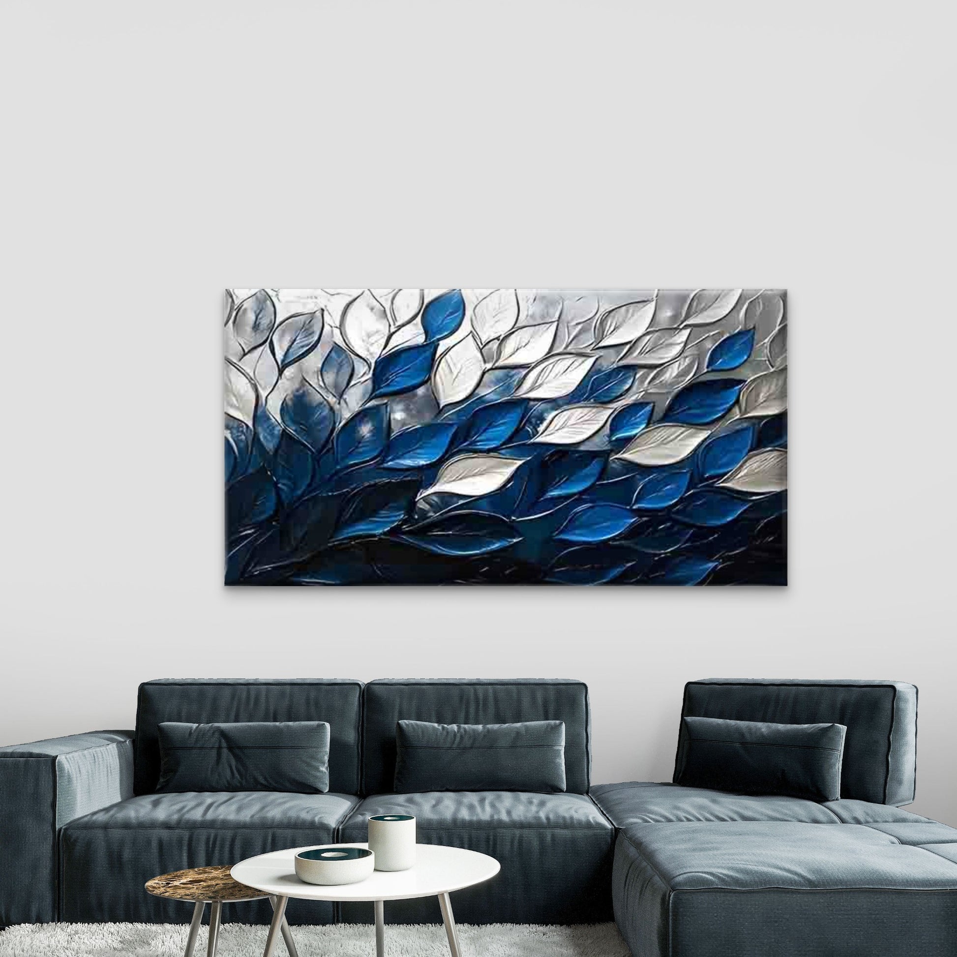 Blue and White Gradient Leaves Wall Art Canvas Office Home Room Framed 120x60cm - Bella Home Decor