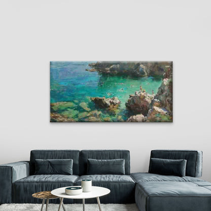 Blue Ocean Alongside a Rocky Wall Art Canvas Office Home Room Framed 120x60cm - Bella Home Decor
