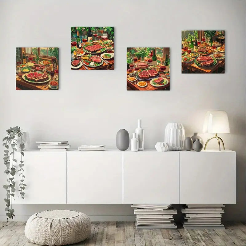 4pcs Gourmet Food & Wine Theme Wall Art Canvas Framed