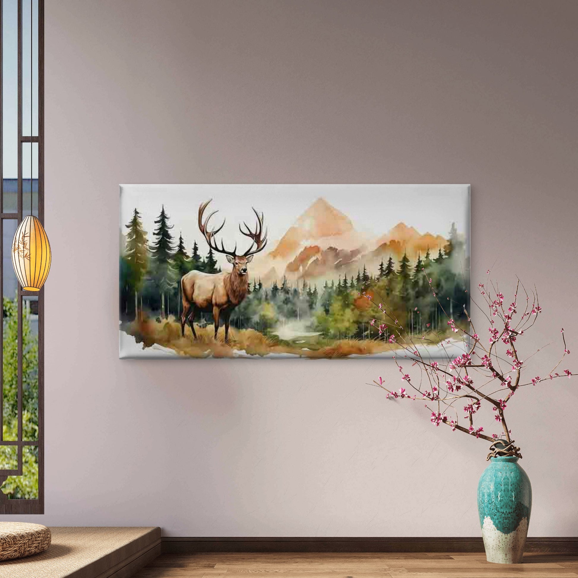 Deer in a Forest Mountain Scen Wall Art Canvas Office Home Room Framed 120x60cm - Bella Home Decor